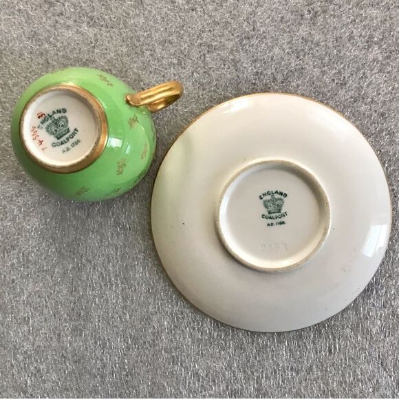 Coalport England Green Gold Gilt Embossed Trim Floral Demitasse Cup & Saucer Set - Picture 13 of 16
